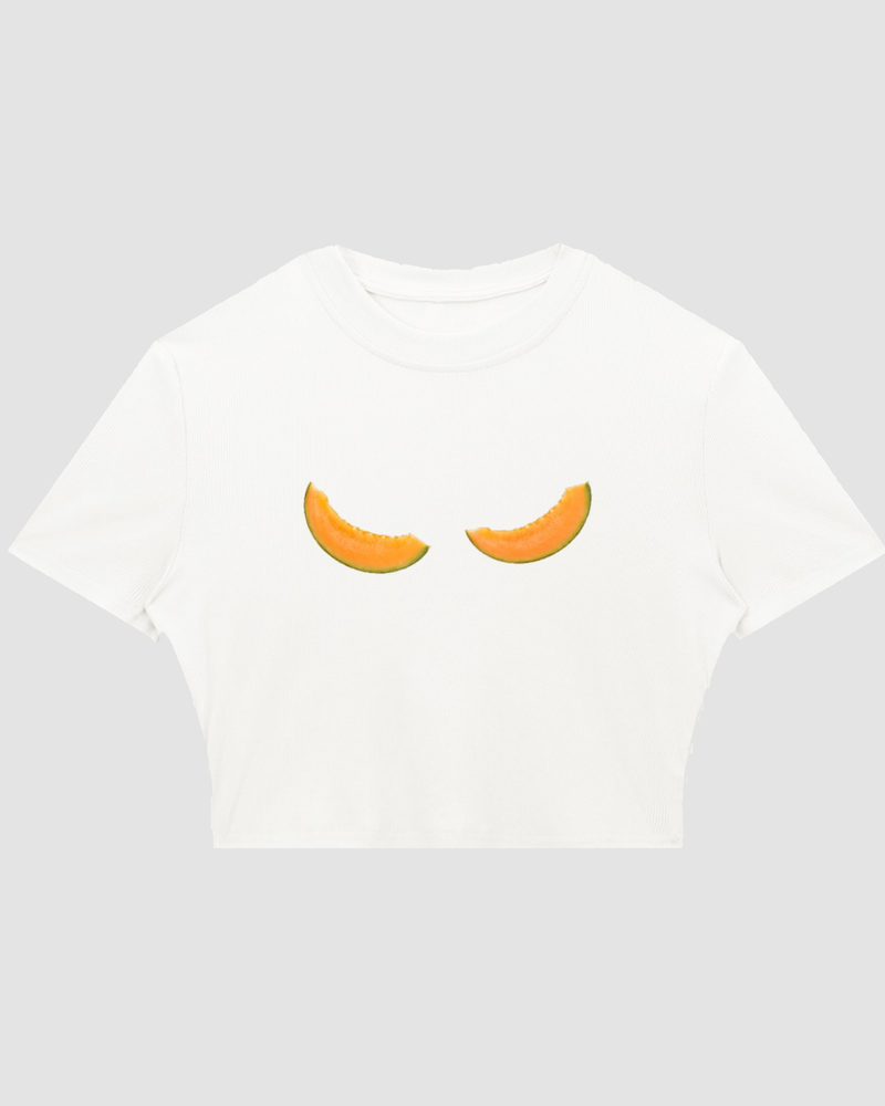 LE MIDI — T-shirt Crop Ribbed Crème Imprimé Melon
