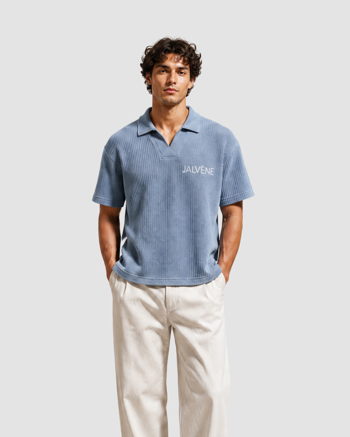 LE GAUFRÉ — polo boxy maille gaufrée wash vintage JALVÈNE, coloris Bleu Azur