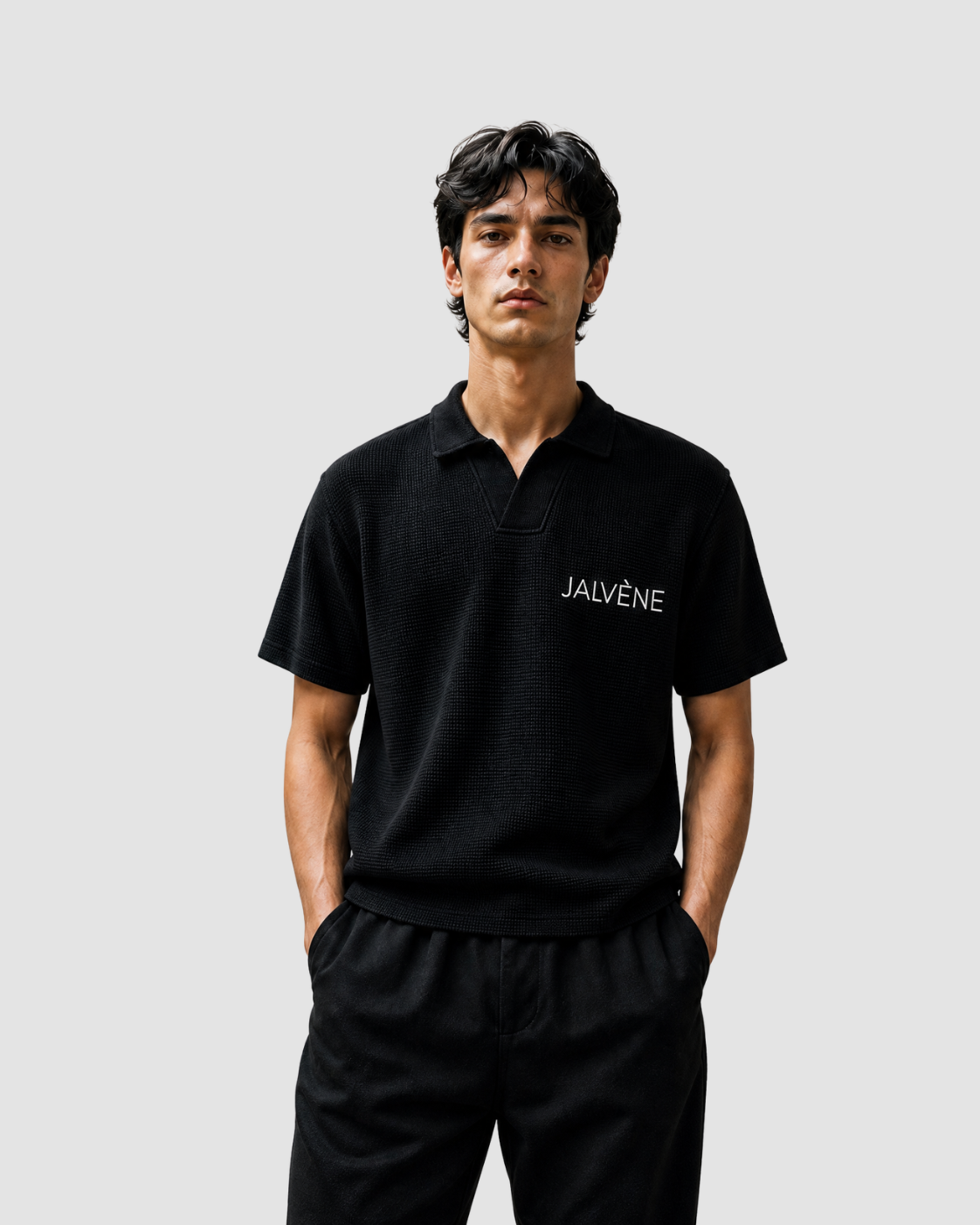 LE GAUFRÉ — polo boxy maille gaufrée wash vintage JALVÈNE, coloris Noir Encre