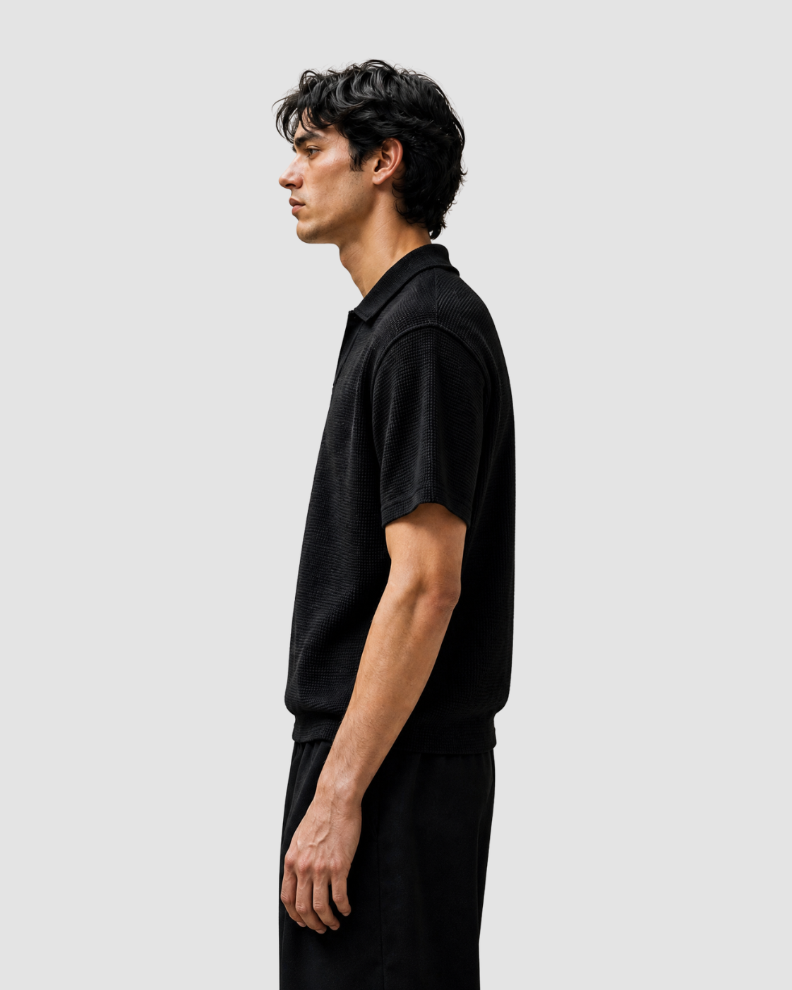 LE GAUFRÉ — polo boxy maille gaufrée wash vintage JALVÈNE, coloris Noir Encre