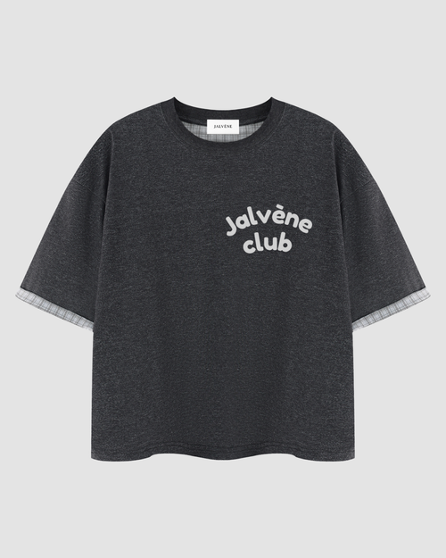 LE COLLÈGE — t-shirt boxy double-face doublure tartan JALVÈNE, coloris Gris Ardoise