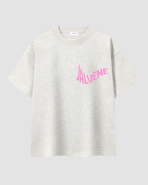 L'AURORE — t-shirt oversize gris chiné signature rose néon JALVÈNE, coloris Gris Sable