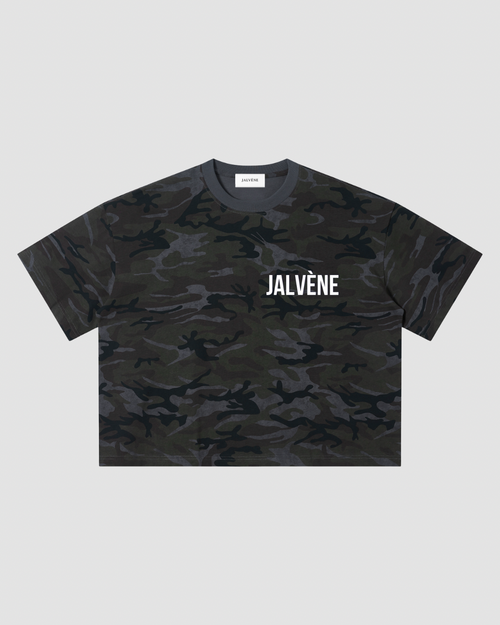 LA RECRUE — t-shirt boxy oversize camouflage unisexe JALVÈNE, coloris Gris Brume
